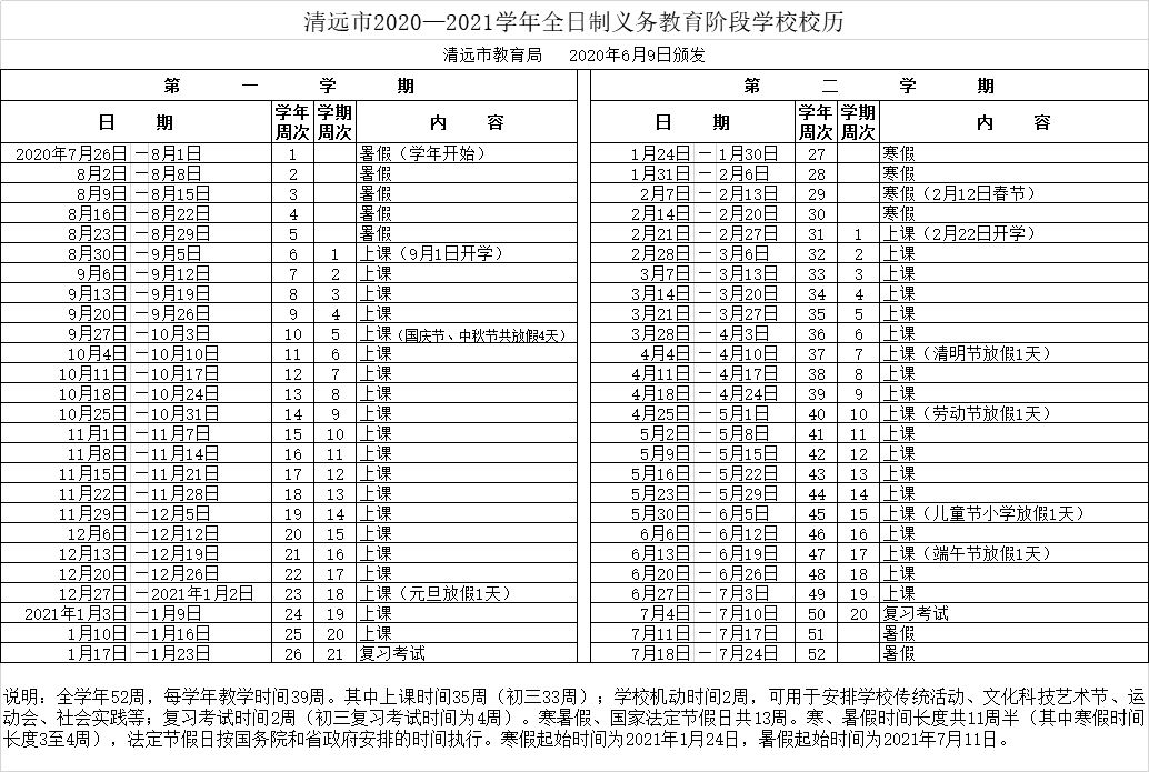 2020清遠(yuǎn)中小學(xué)校歷