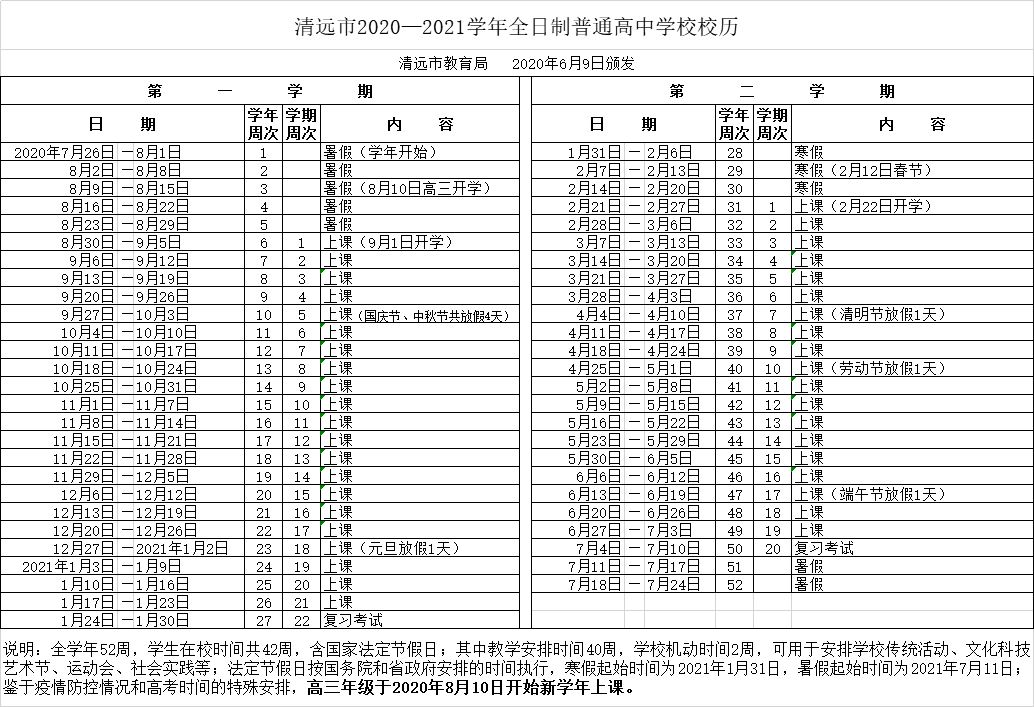 2020清遠(yuǎn)中小學(xué)校歷