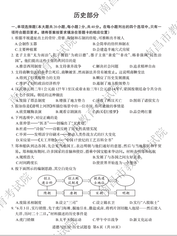 2023年上饒市中考歷史試卷真題及答案