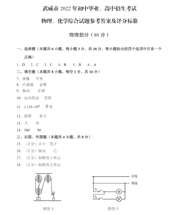2023年慶陽(yáng)市中考物理試卷真題及答案