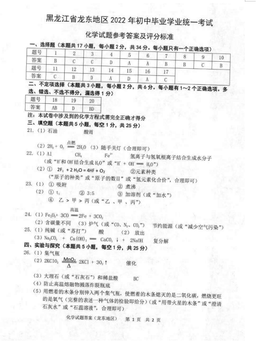 2023年七臺河市中考化學(xué)試卷真題及答案