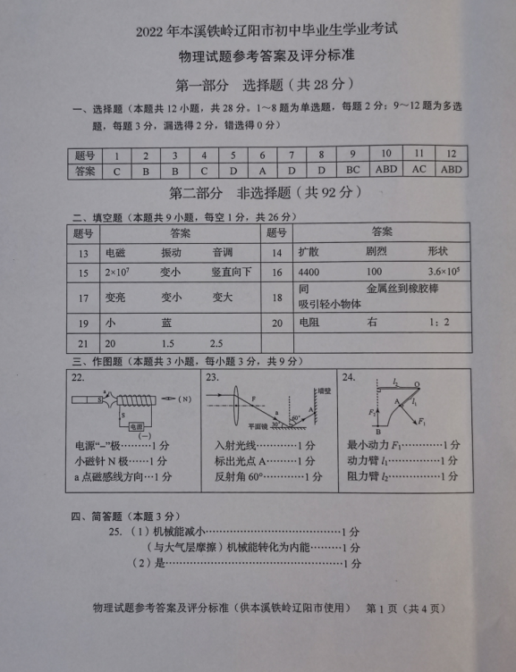 2023年遼陽(yáng)市中考物理試卷真題及答案