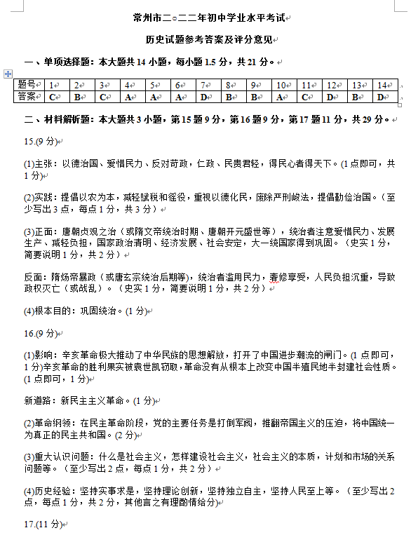 2023年常州市中考歷史試卷真題及答案
