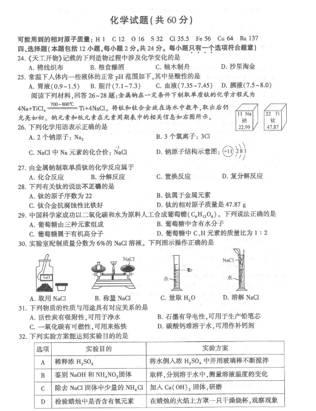 2023年連云港市中考化學試卷真題及答案