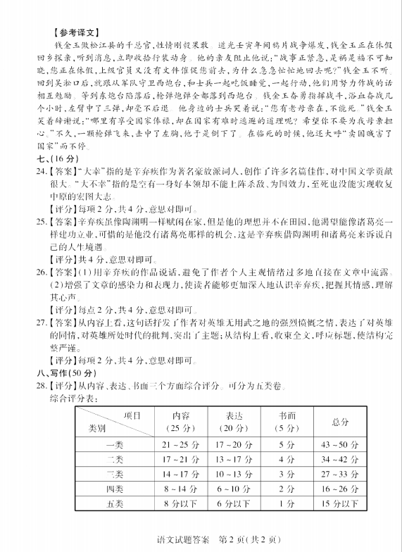 2023年泰安市中考語(yǔ)文試卷真題及答案