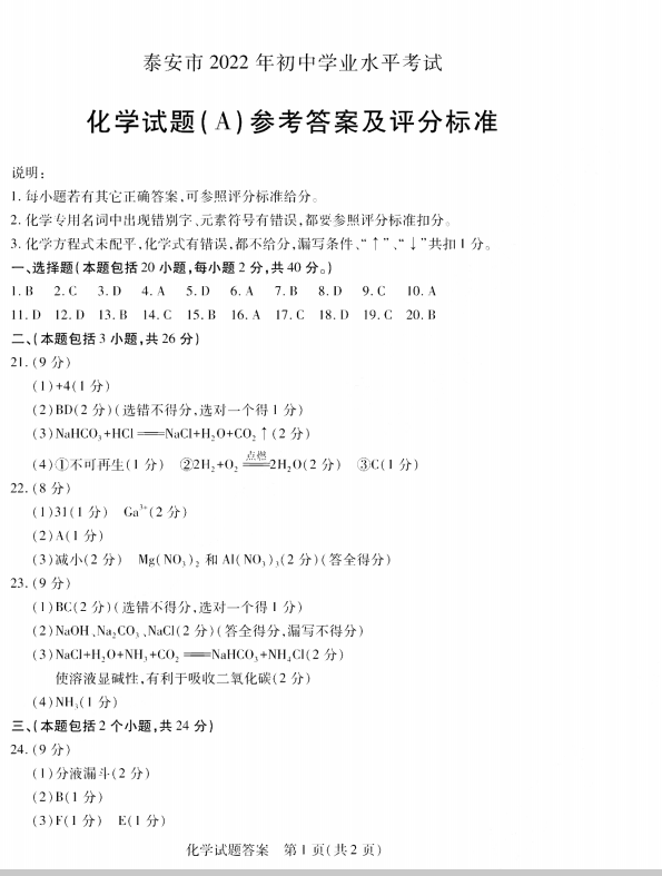 2023年泰安市中考化學試卷真題及答案