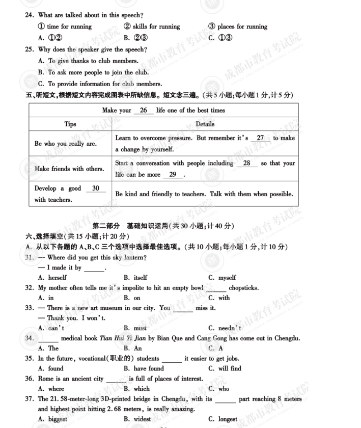 2023年成都市中考英語(yǔ)試卷真題及答案