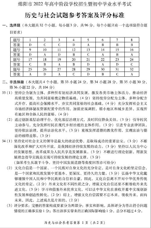 2023年綿陽(yáng)市中考?xì)v史試卷真題及答案