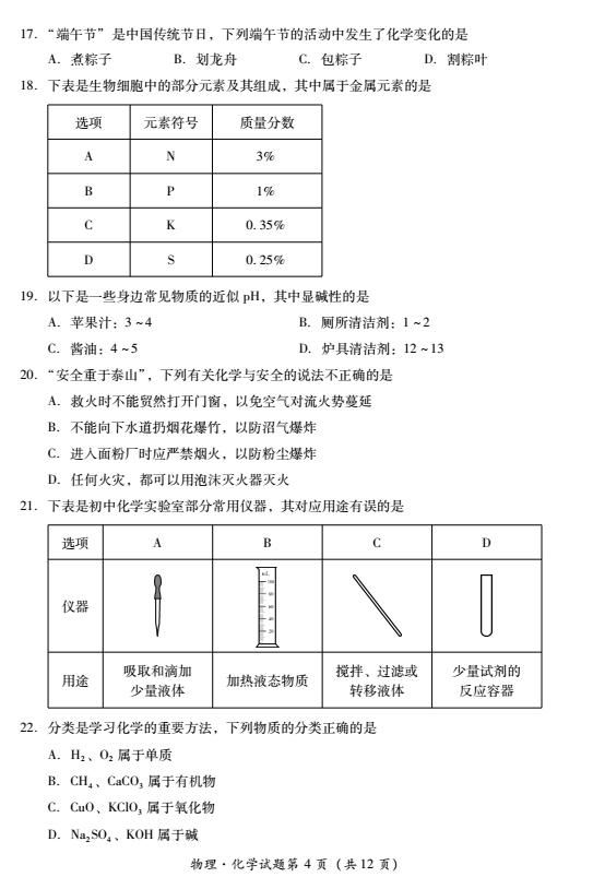 2023年樂山市中考化學試卷真題及答案