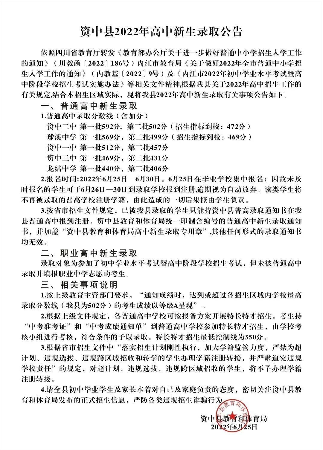 2022年內江中考錄取分數(shù)線,內江市各高中錄取分數(shù)線一覽表