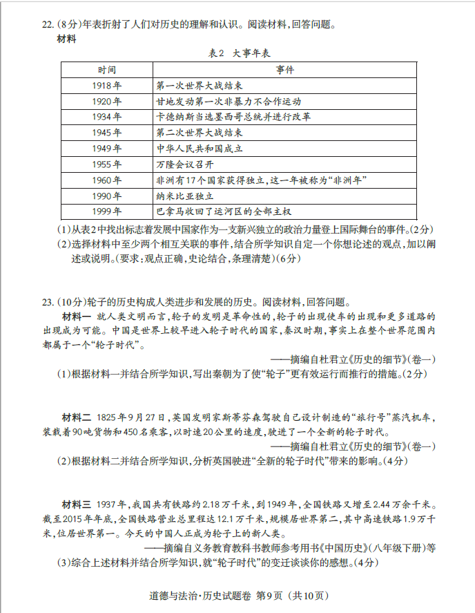 2023年江西中考?xì)v史試卷真題及答案
