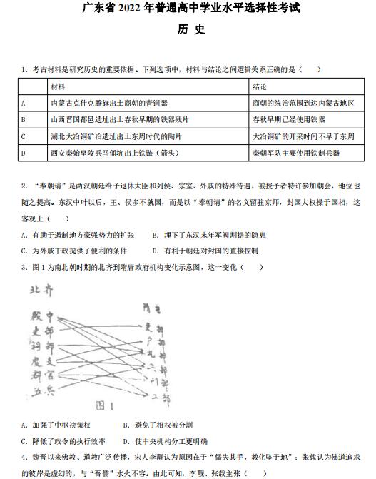 2022年廣東高考?xì)v史試卷真題及答案