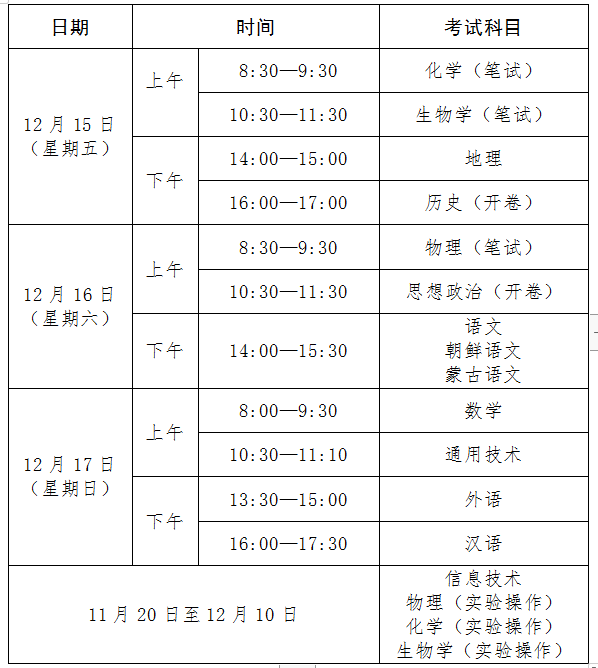 2024年下半年吉林高中學(xué)業(yè)水平考試具體時間安排