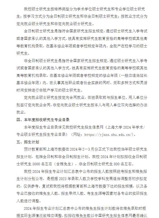 2024年上海大學(xué)研究生招生簡章及各專業(yè)招生計劃人數(shù)
