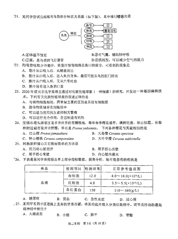 2024年無錫中考生物試卷真題及答案解析