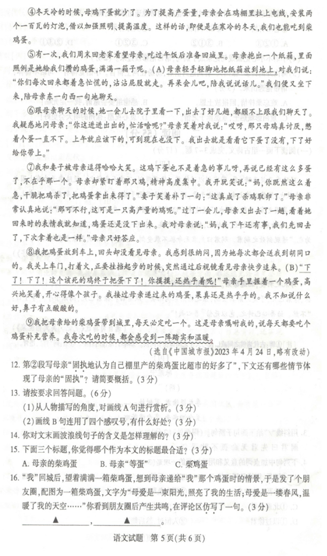 2024年徐州中考語文試卷真題及答案解析