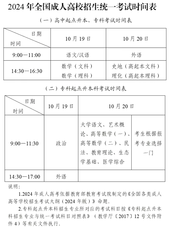 2024年重慶成人高考時(shí)間安排具體時(shí)間表