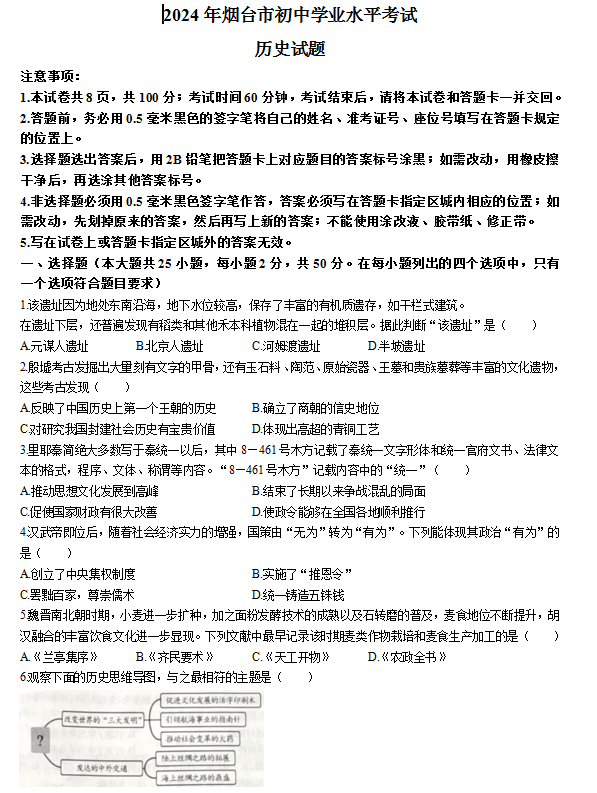 2025年山東中考歷史試卷真題及答案解析